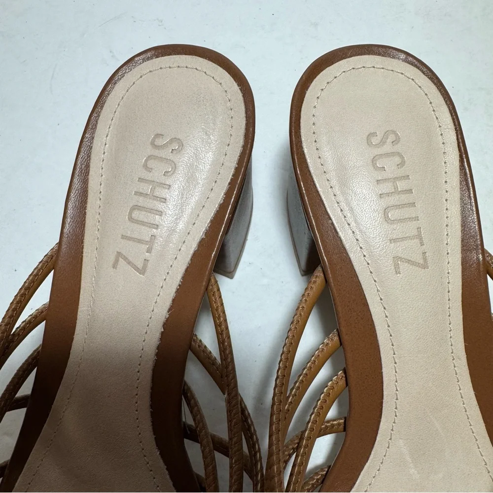 SCHUTZ Roanna Strappy Wood-Bead Brown Slide Block Heel Sandals Size 7.5 - Picture 12 of 14